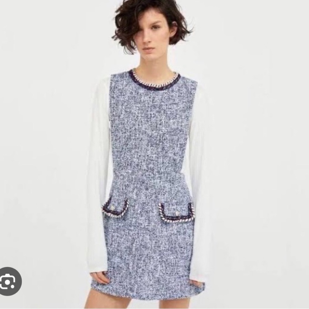 Zara Blue Tweed Pinafore Dress Size Small - Picture 3 of 6